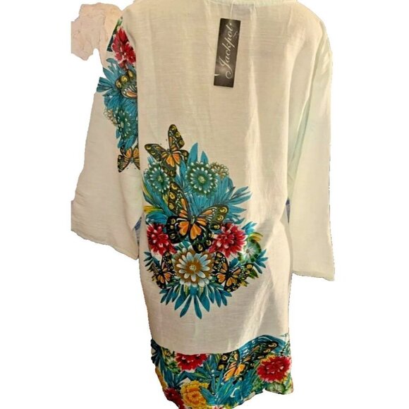 Jackpot Plus XXL White Multi Butterfly Floral V-Neck Cotton 3/4 Sleeve Tunic Top - Picture 3 of 5
